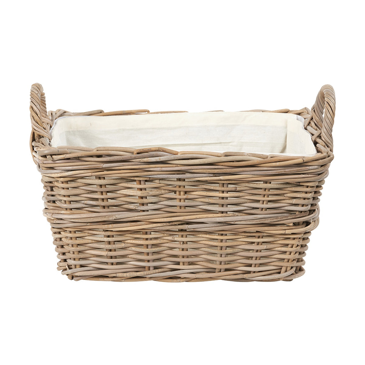 Grey Kubu rectangular handled laundry basket, 30cm, woven rattan with cotton fabric liner and two side handles, shown on a plain white background.