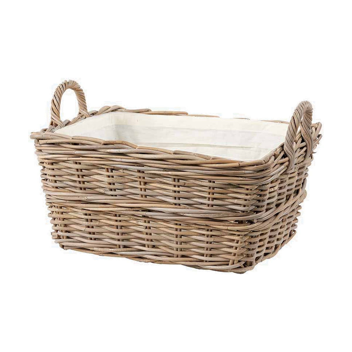 Grey Kubu rectangular laundry basket, 30cm tall, woven rattan with white fabric liner and two looped side handles, shown on a plain white background.