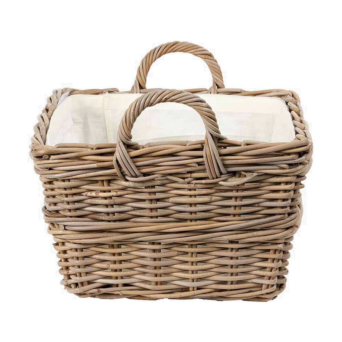 Grey Kubu rectangular laundry basket in woven rattan with two looped carry handles and a white fabric liner, shown on a plain white background.