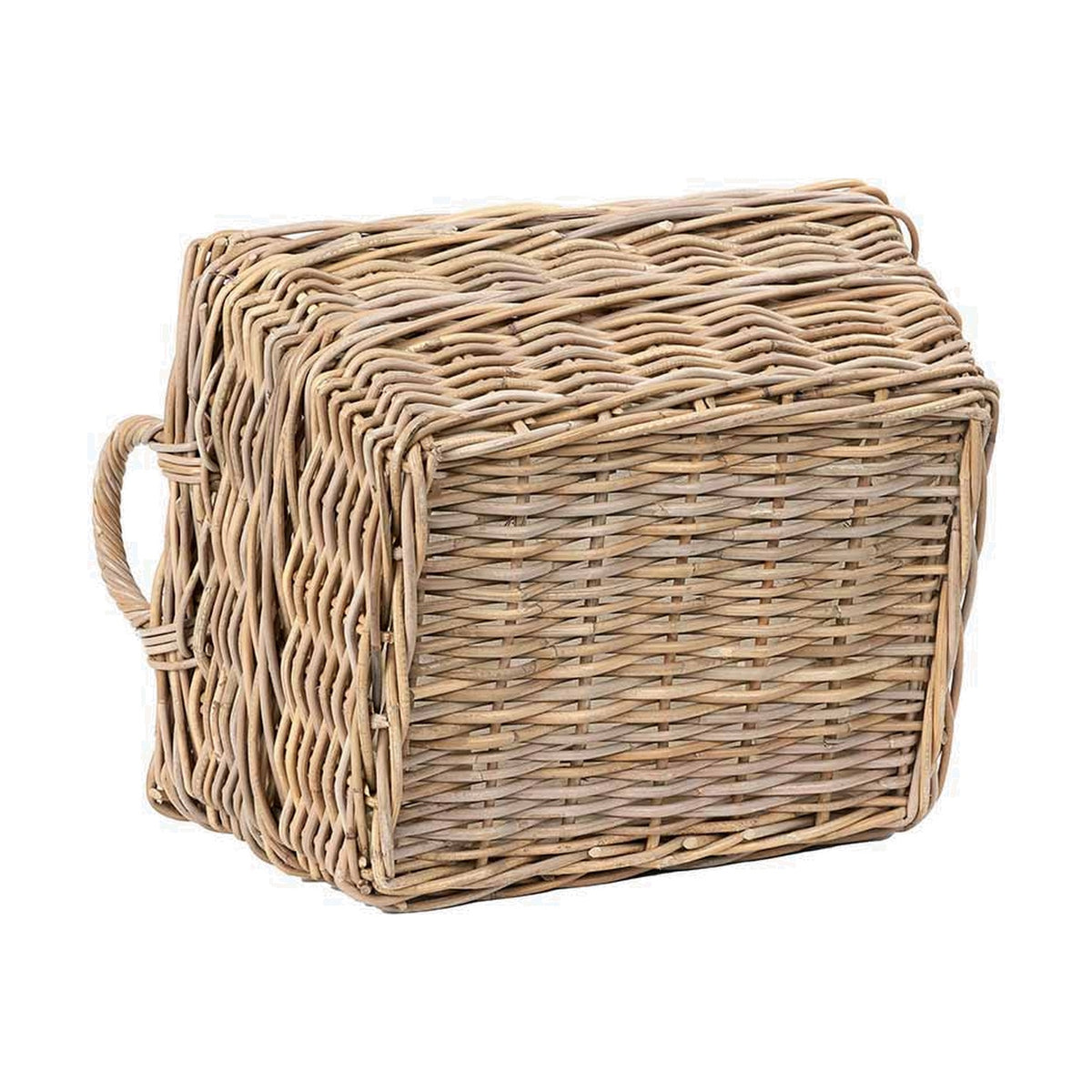Grey Kubu Rectangular Handled Laundry Basket, 30cm, woven rattan storage box with side handle, shown on a plain white background.