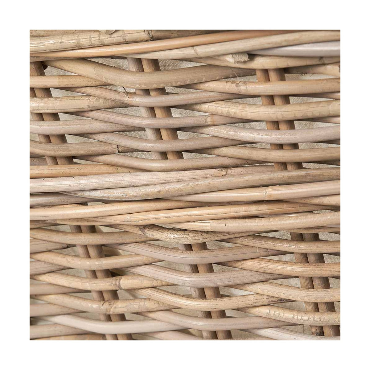 Close-up of the tightly woven rattan texture on the Grey Kubu Rectangular Handled Laundry Basket, showing natural criss-cross weave in a light grey-brown finish.