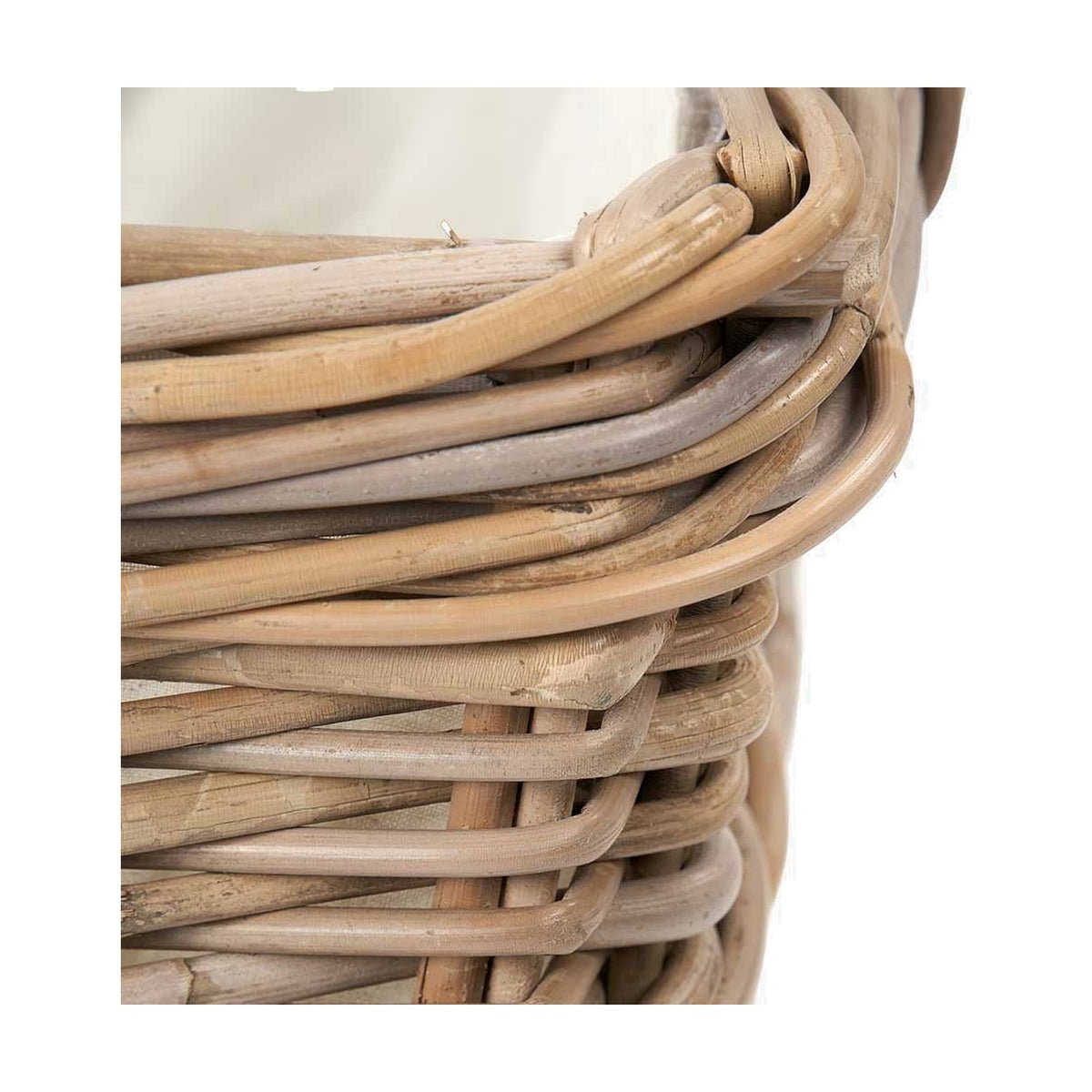 Close-up of the Grey Kubu Rectangular Handled Laundry Basket, 30cm, showing woven rattan strands and looped handle detail against a plain white background.