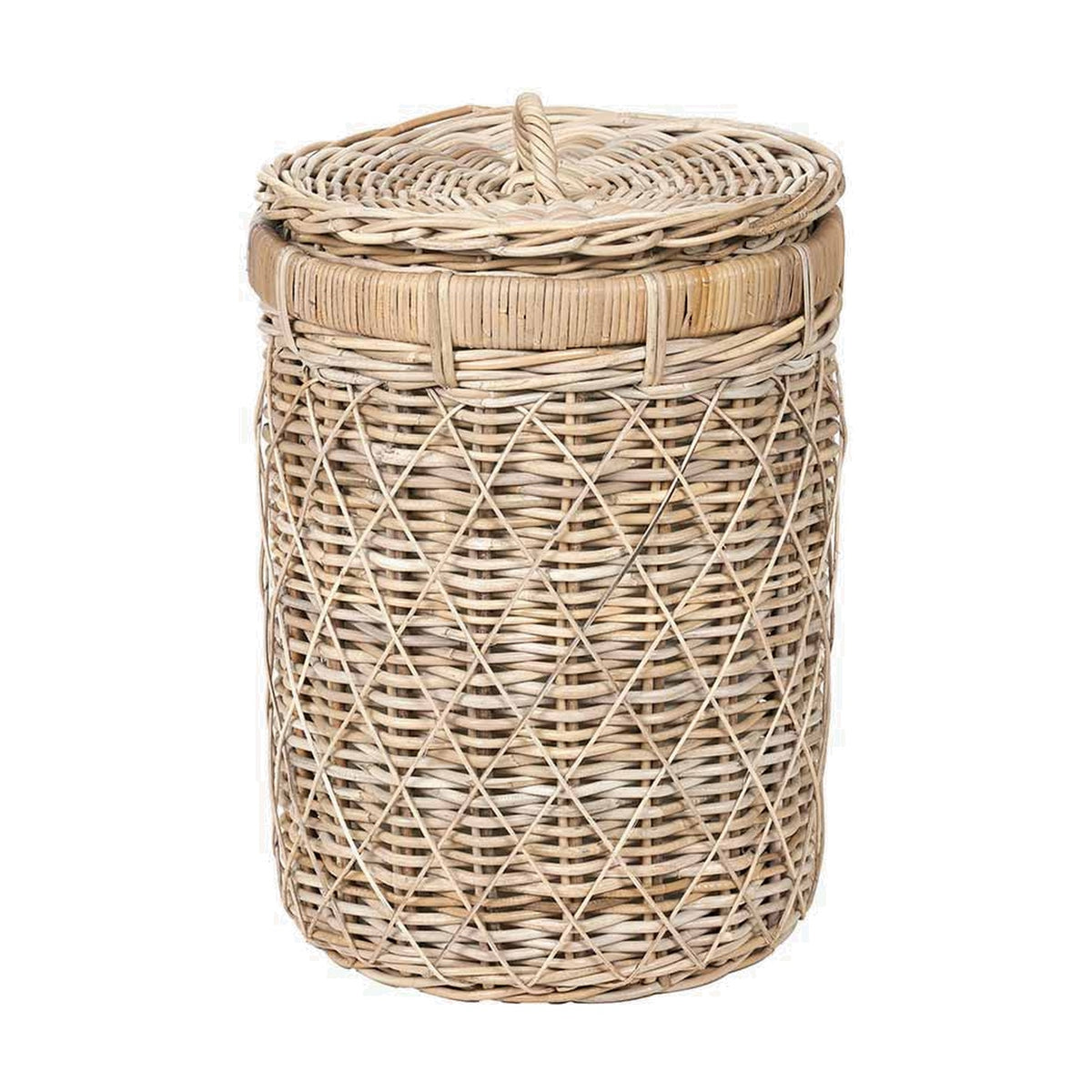 Round brown rattan linen basket with a domed lid and looped handle, featuring a woven diamond-pattern body, shown on a plain white background.