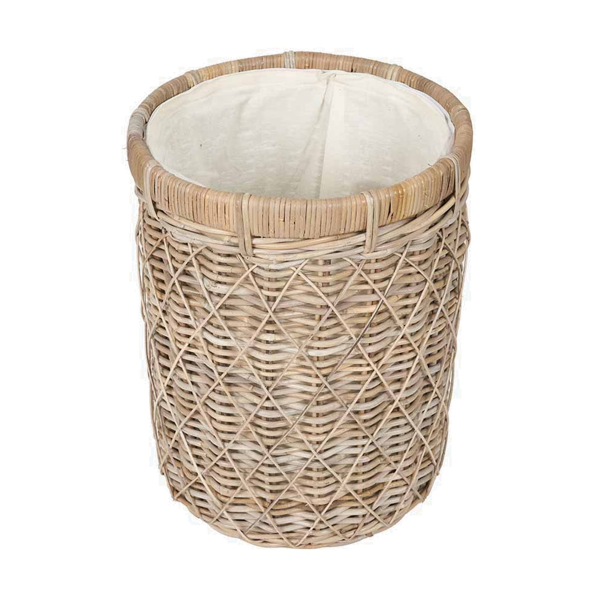 Round brown rattan linen basket, 42cm wide, with a diamond-weave pattern and cream fabric liner, shown on a plain white background.
