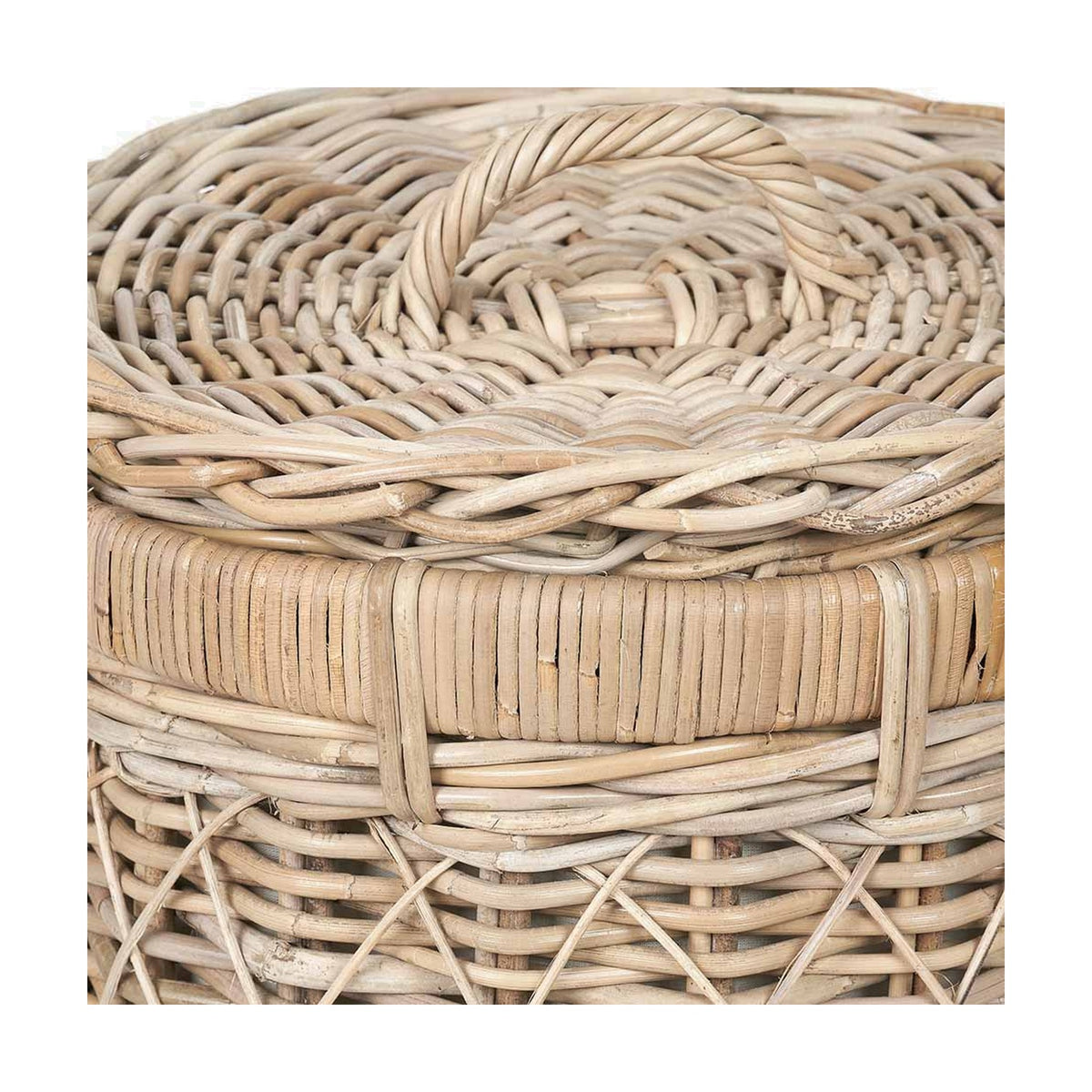 Close-up of a brown rattan linen basket, 42cm wide, showing woven lid with looped handle and cross-hatch weave detail on a plain background.
