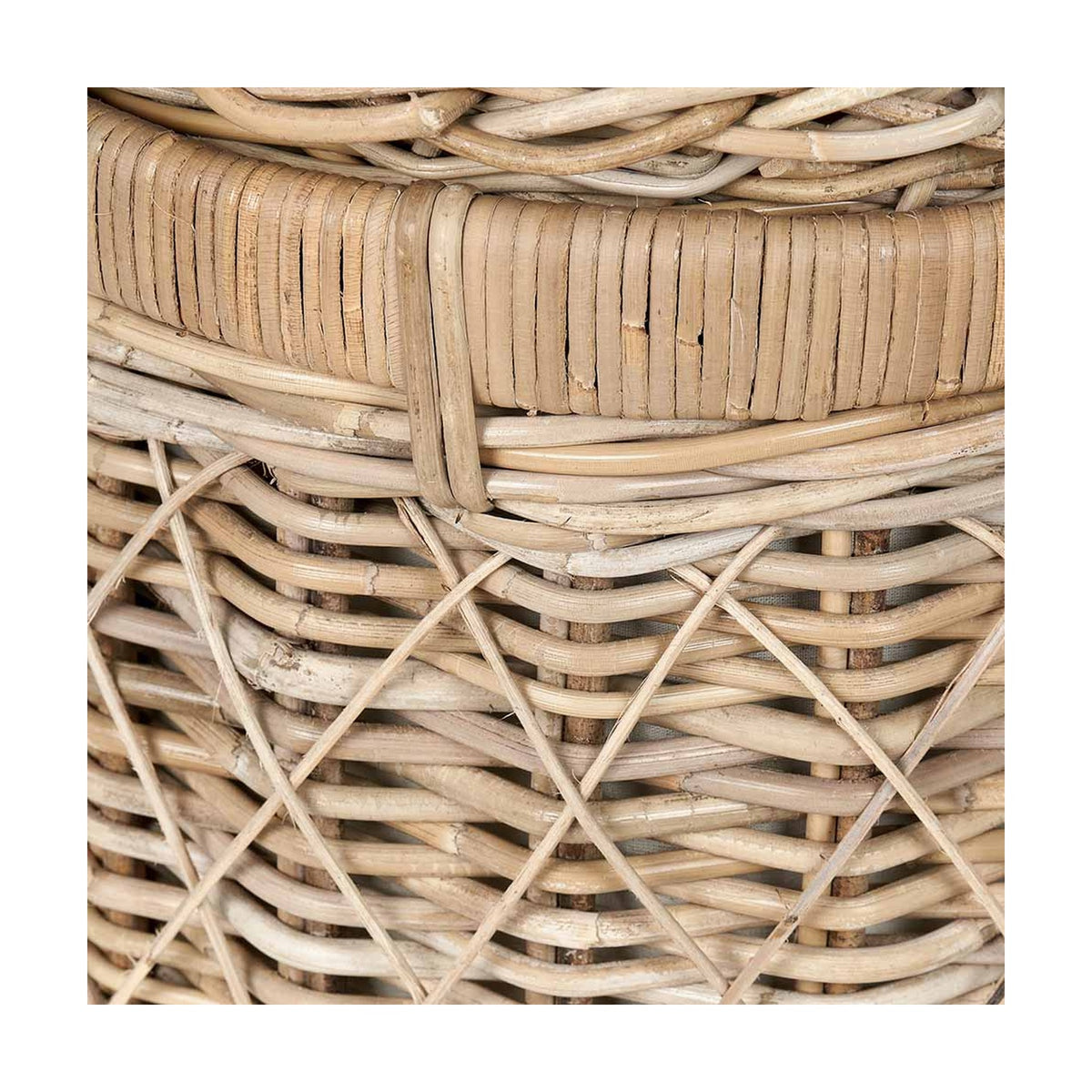 Close-up of the Brown Rattan Linen Basket, 42cm, showing woven rattan texture with a wrapped rim band and crossed lattice weave detail.