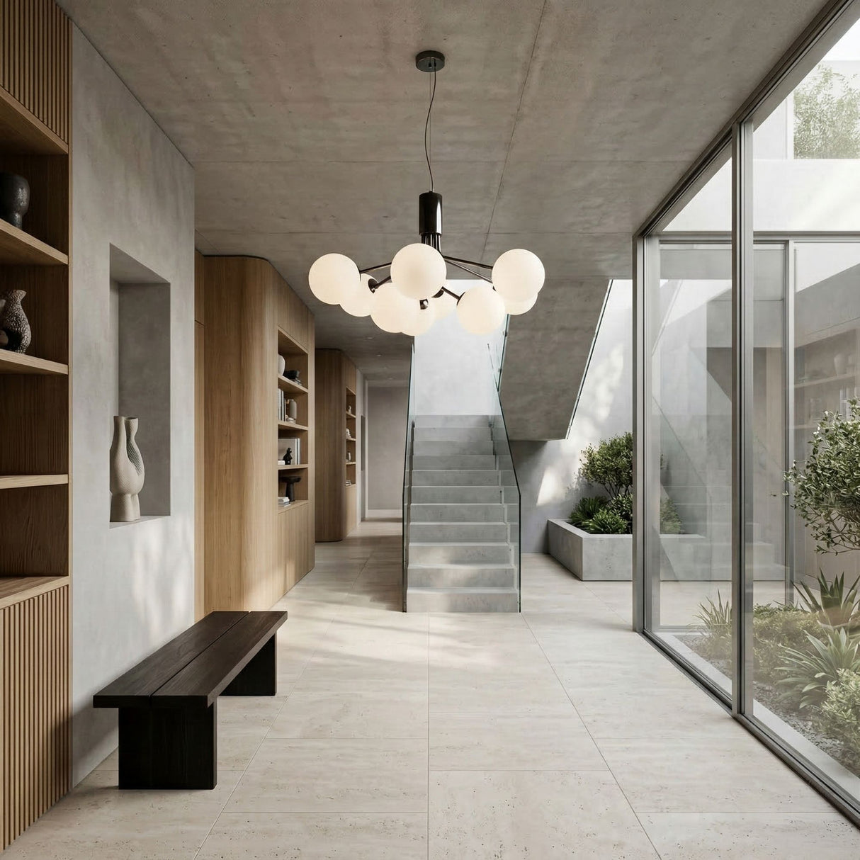 A modern, minimalist interior with large windows, a floating staircase, built-in shelves, a wooden bench, and indoor plants is illuminated by the Ivy 9 Light Chandelier - Black, featuring an elegant opal glass design.