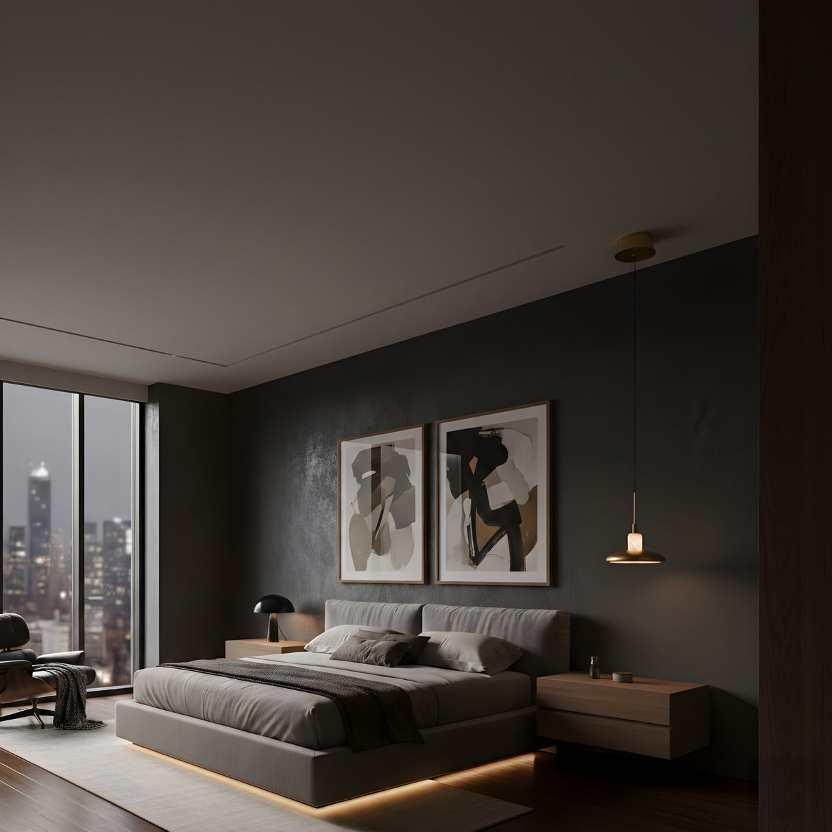 A modern bedroom with a large bed, abstract art above the headboard, floating nightstands, and an Aurevia LED Disc Alabaster Single Pendant Light in brushed brass casting soft light. Floor-to-ceiling windows reveal a city view with ambient under-bed lighting.