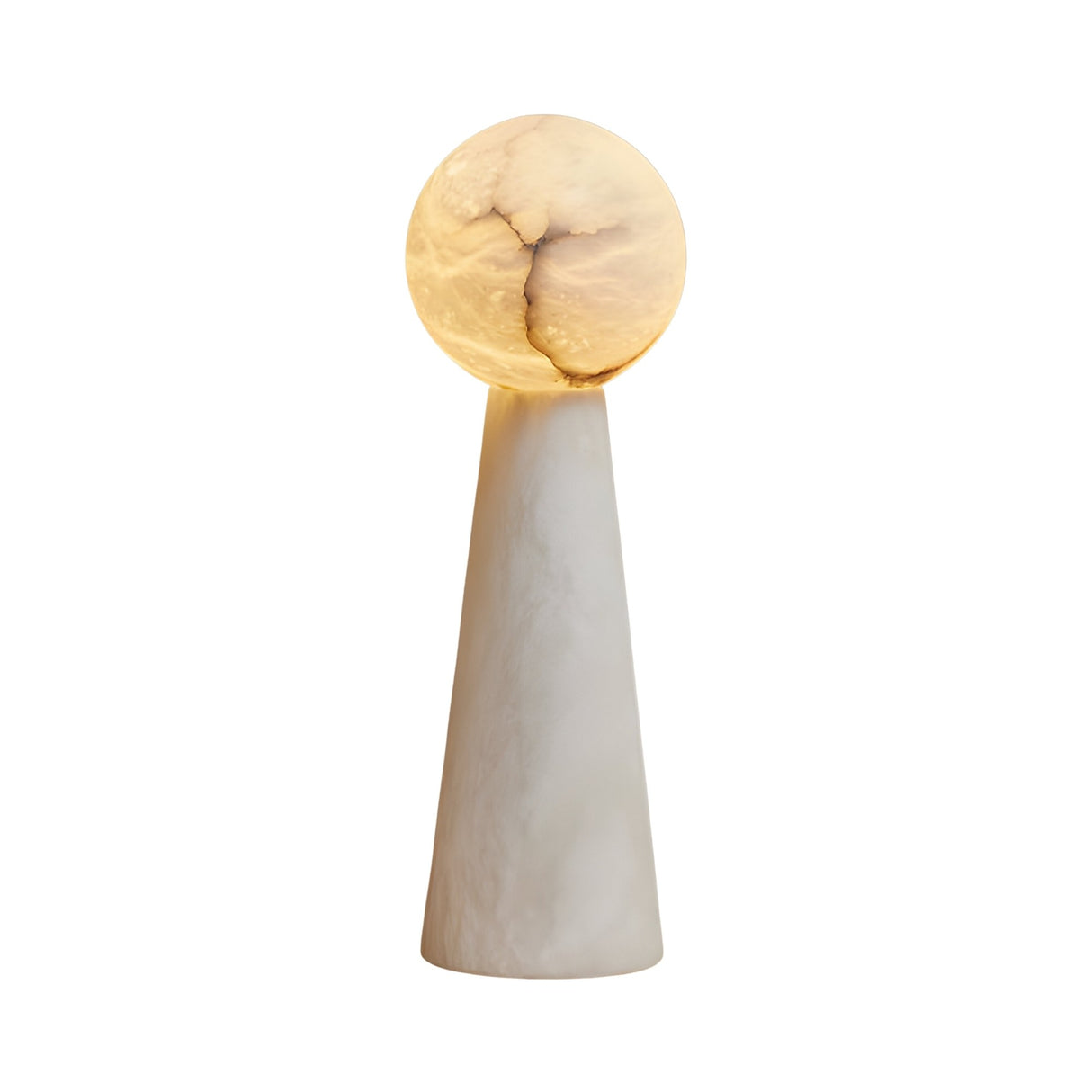The Talorin 1 Light Sphere Column Alabaster Table Lamp features a glowing sphere atop a conical white marble base, crafted from natural Spanish alabaster for an elegant, moon-like look against a plain white background.
