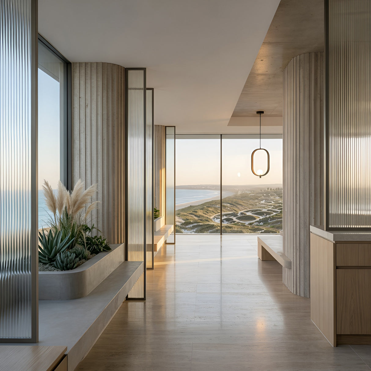 Modern, minimalist interior with light wood accents, floor-to-ceiling windows revealing ocean views, decorative glass panels, indoor plants, and the striking Strappa Pendant Light - Grey/Black in a bright, serene space.