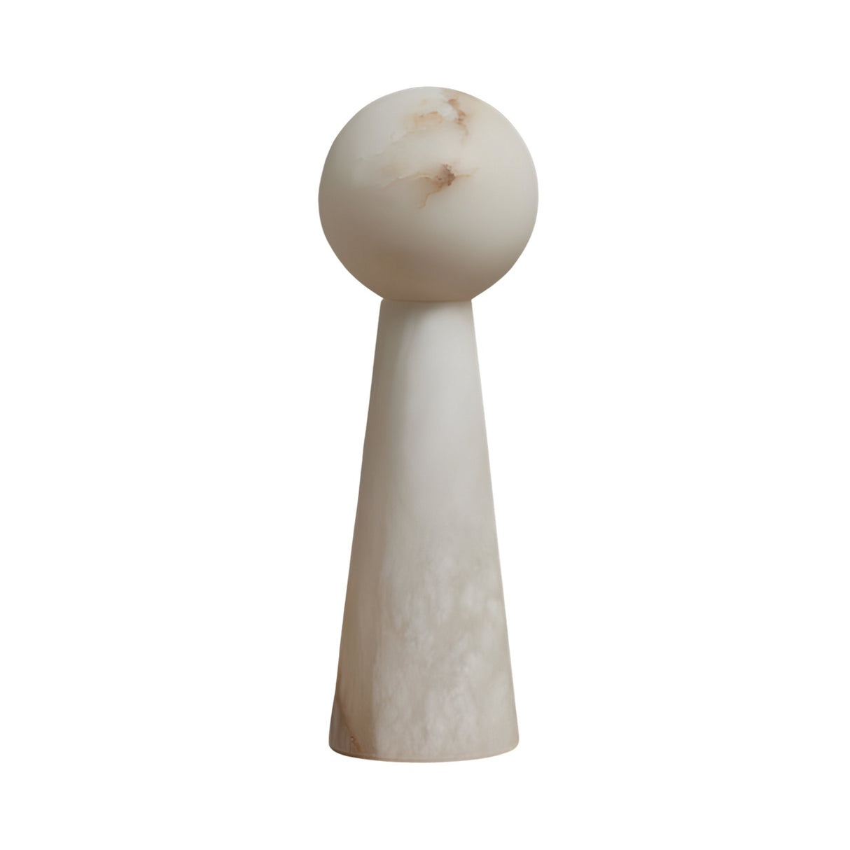 The Talorin 1 Light Sphere Column Alabaster Table Lamp features a smooth, marble-like sphere atop a tall cone base, crafted from natural Spanish alabaster in soft white with subtle beige and brown veining.
