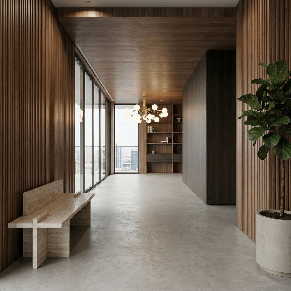 Modern hallway with wooden walls and ceiling, a minimalist bench, potted plant, and large windows bathing the space in light. An Ivy 18 Light Chandelier - Brass adds elegance above the built-in bookshelf in the background.