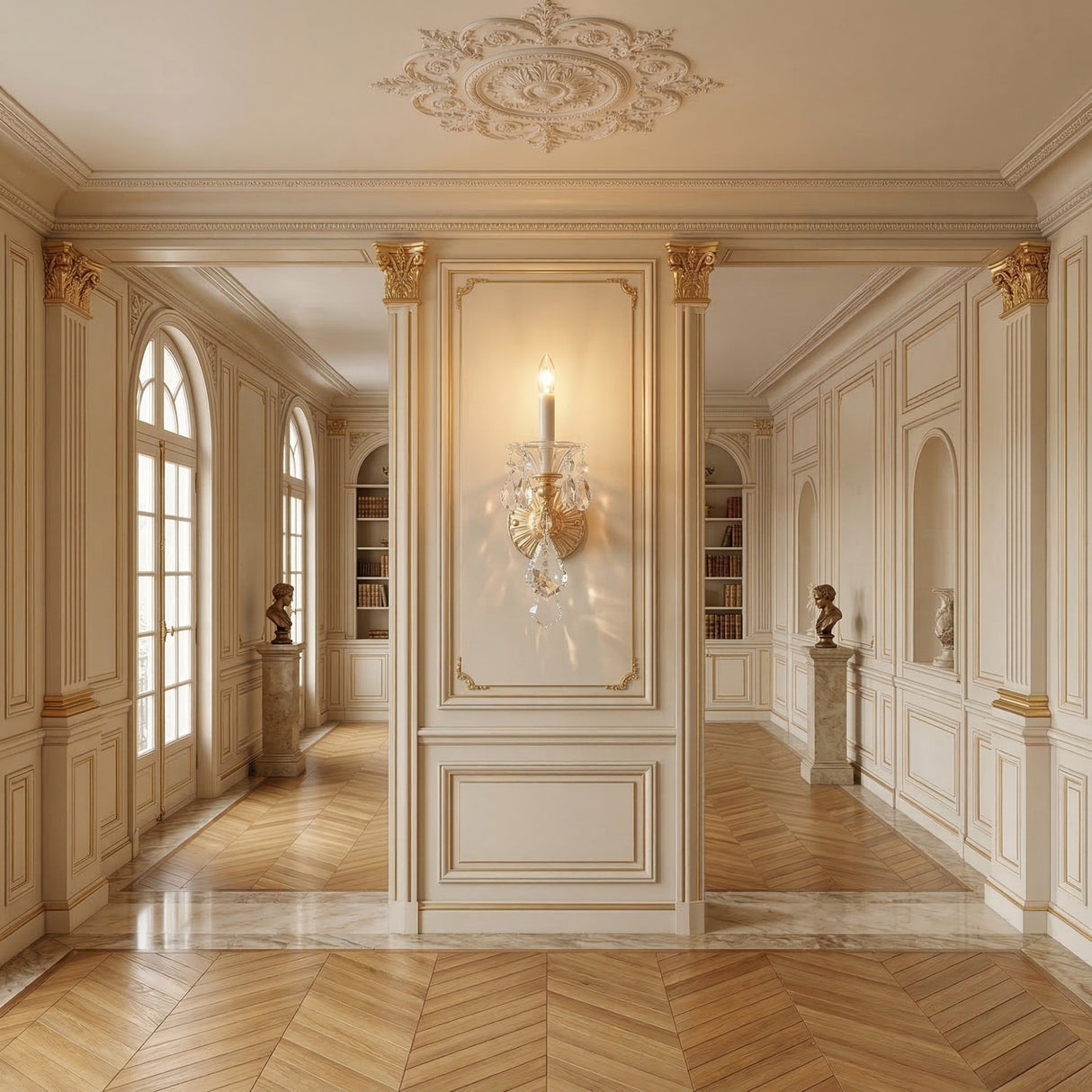 Elegant sunlit room with ornate molding, gold finish accents, parquet flooring, arched French windows, built-in bookshelves, marble pedestals with busts, and a Vienna 1 Light K9 Crystal Wall Light at the center.