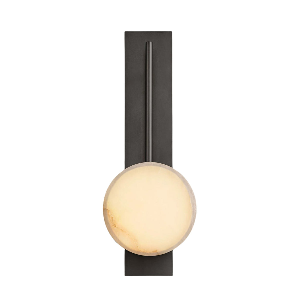 The Marvello LED Sculpted Disc Alabaster Wall Light in Soft White & Matte Black features a tall rectangular backplate, a glowing sculpted alabaster disc at the base, and a slim dark rod for striking architectural wall lighting.