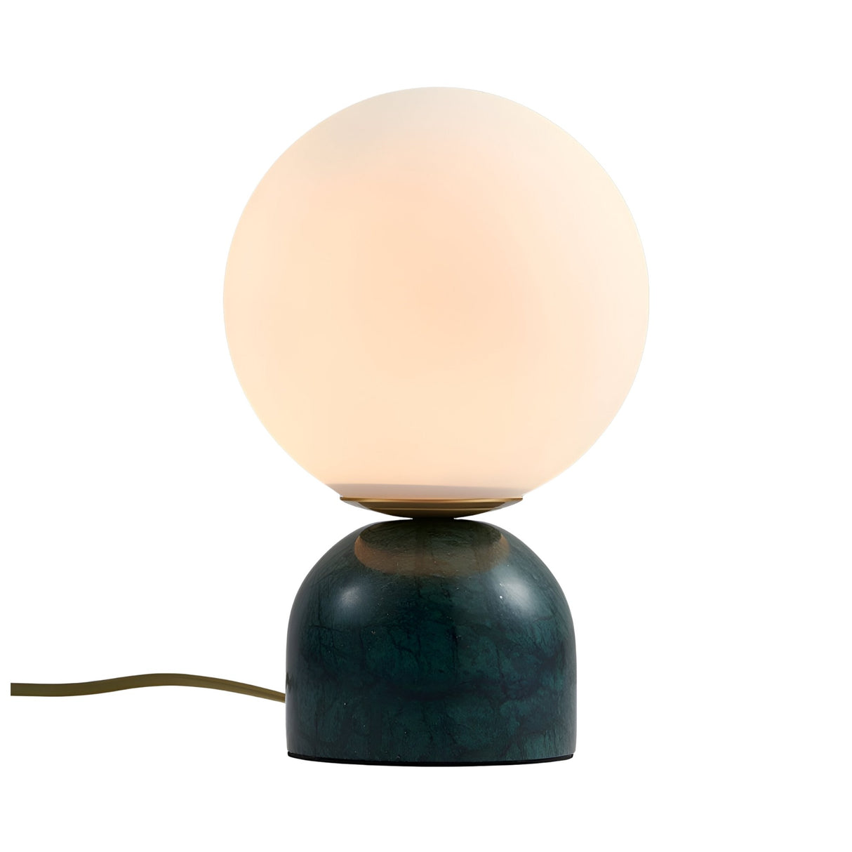 The Verdane LED Globe Alabaster Table Lamp in soft white and green features a round frosted glass globe atop a glossy dark green marble base, shown with an electric cord extending from the base.