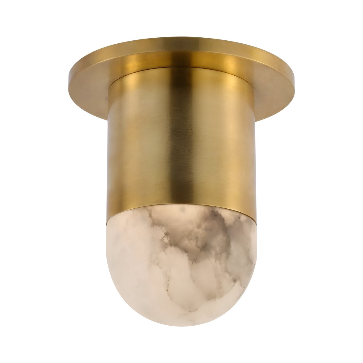 The Orvani LED Mini Drop Alabaster Semi-Flush Ceiling Light in soft white and brushed brass features a cylindrical base with a frosted, marble-patterned glass dome, adding contemporary elegance to any space.