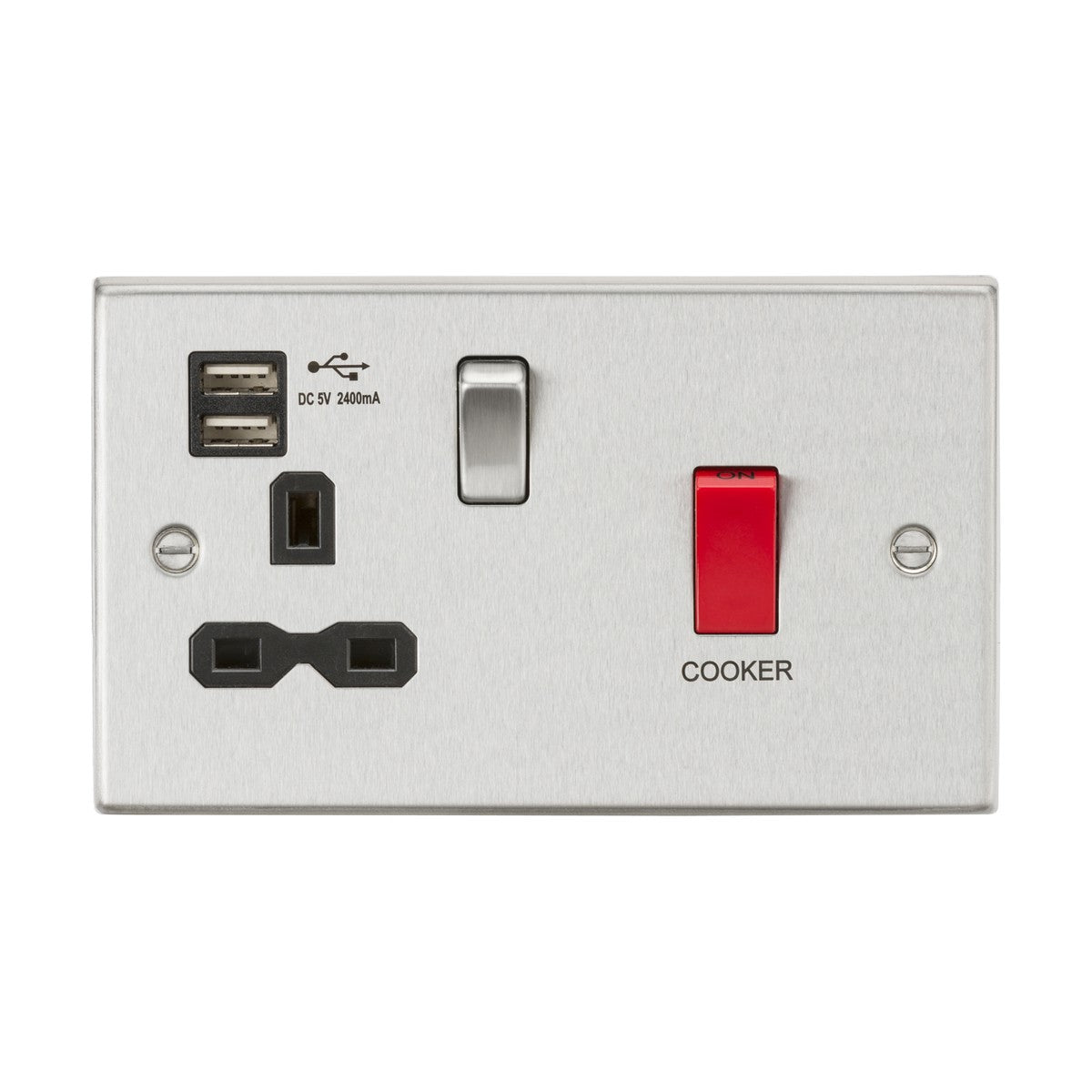 45A DP Switch & 13A Socket with Dual USB A+A (5V DC 2.4A shared) - Brushed Chrome with Black Insert