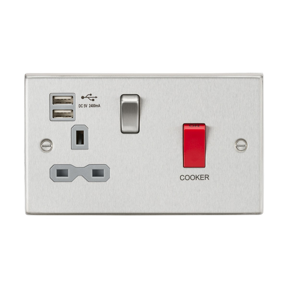 45A DP Switch & 13A Socket with Dual USB A+A (5V DC 2.4A shared) - Brushed Chrome with Grey Insert