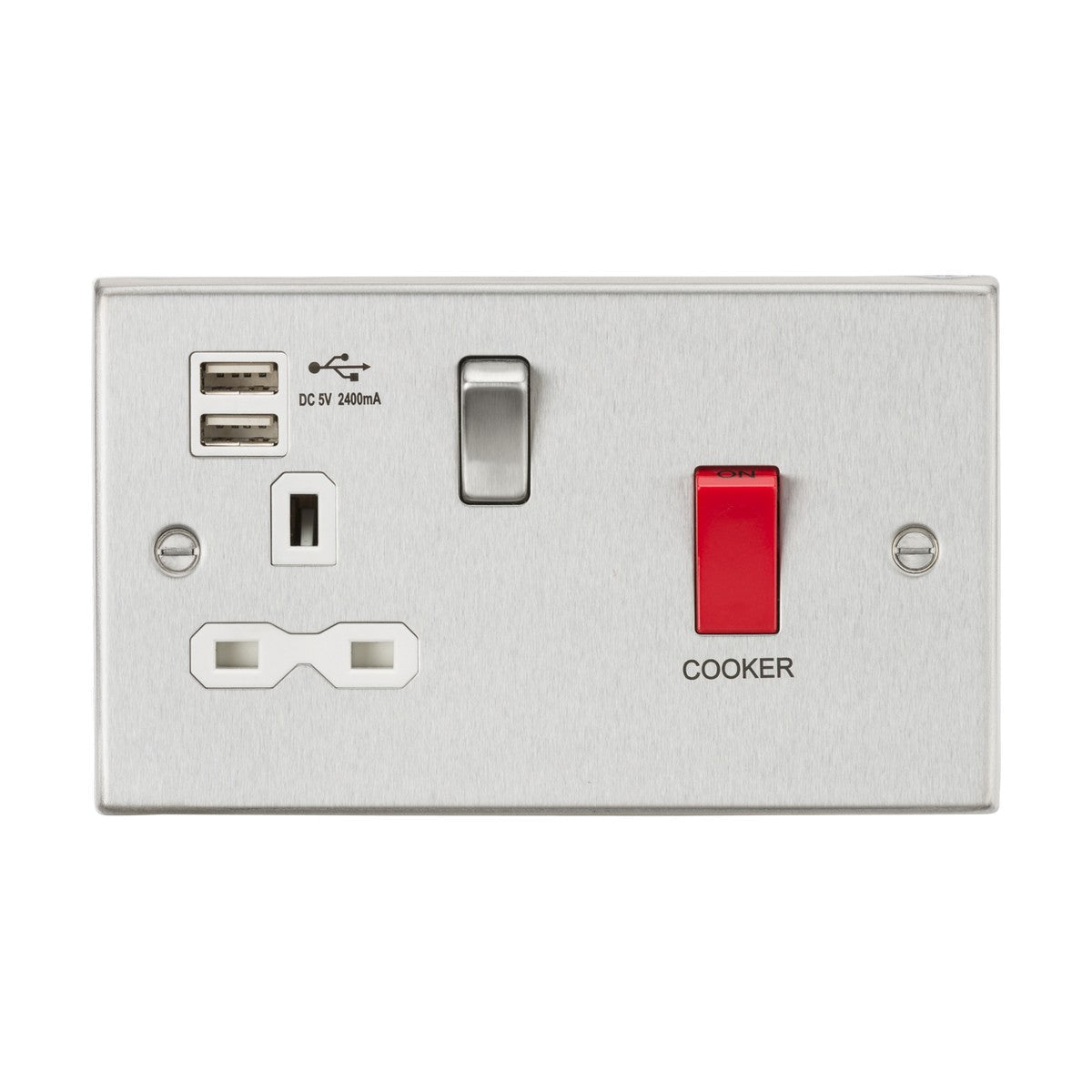 45A DP Switch & 13A Socket with Dual USB A+A (5V DC 2.4A shared) - Brushed Chrome with White Insert