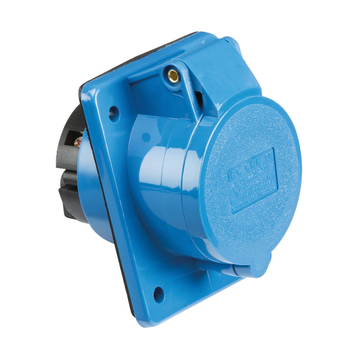 A 32A 2P+E Angled Panel Mount Socket in blue with a protective cover is depicted, designed for surface mounting. The socket supports 240V and features a round shape with a square base for secure installation. It is IP44 rated for reliable performance.