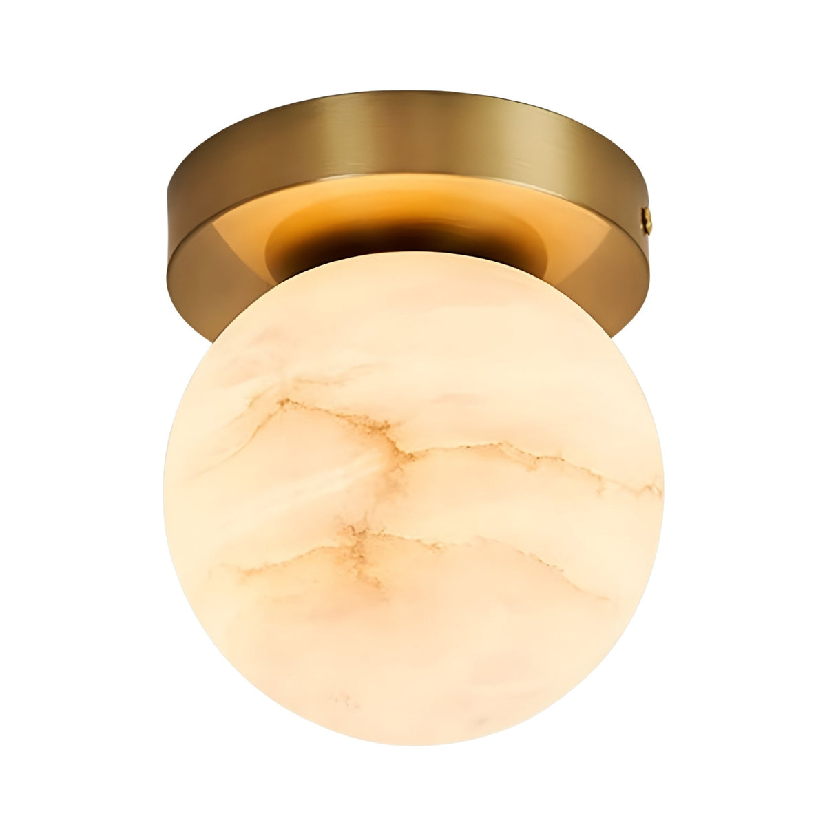 The Bravora 1 Light Globe Alabaster Semi-Flush Ceiling Light features a marble-patterned globe with a soft white glow, mounted on a brushed brass circular base, shown against a white background.
