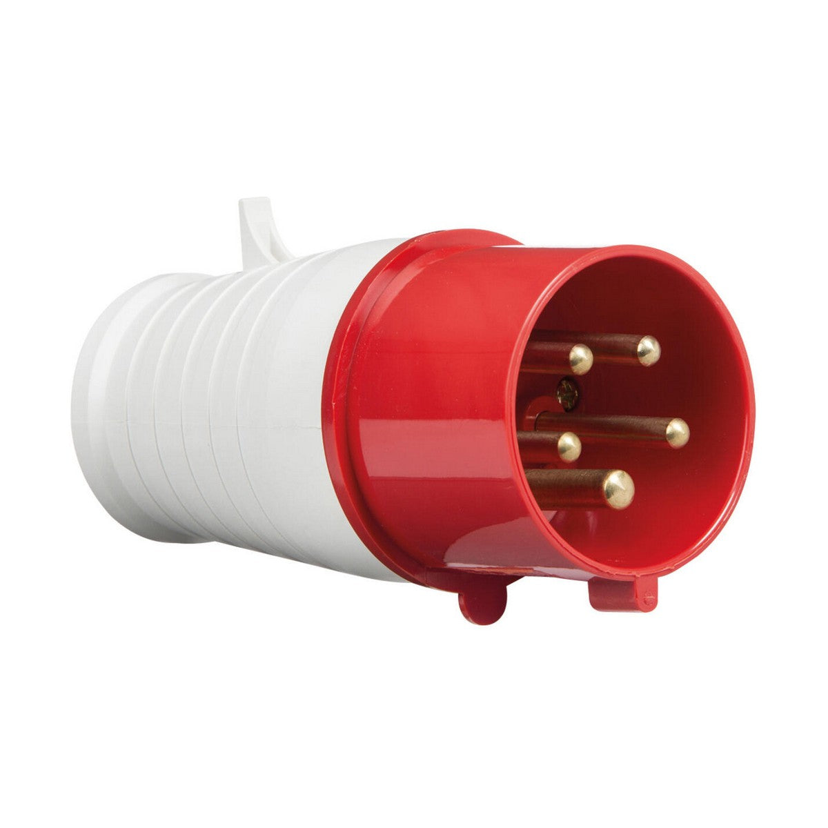 A 32A 3P+N+E Plug 415V, featuring five metal pins and designed for high-capacity power connections, is displayed against a white background. This white and red plug is IP44 rated, ensuring protection in demanding environments.