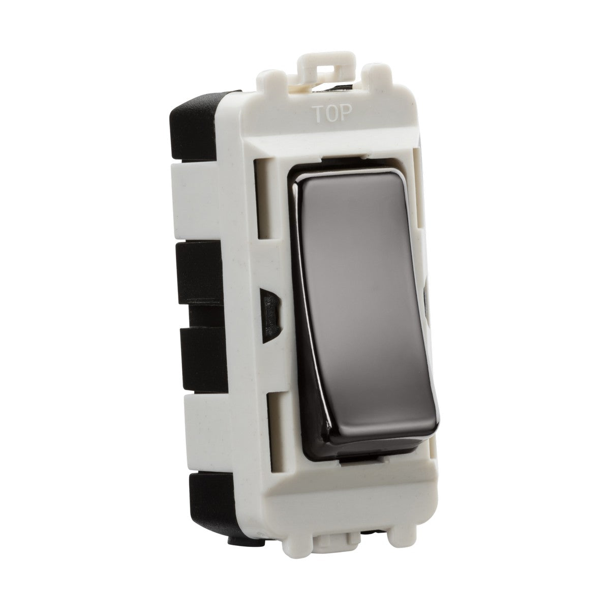 A close-up image showcases the 20AX 2 Way SP Grid Module in a glossy black nickel finish with a white frame, designed for wall installation within the Knightsbridge Grid system. The word TOP is embossed above the switch to indicate its orientation.