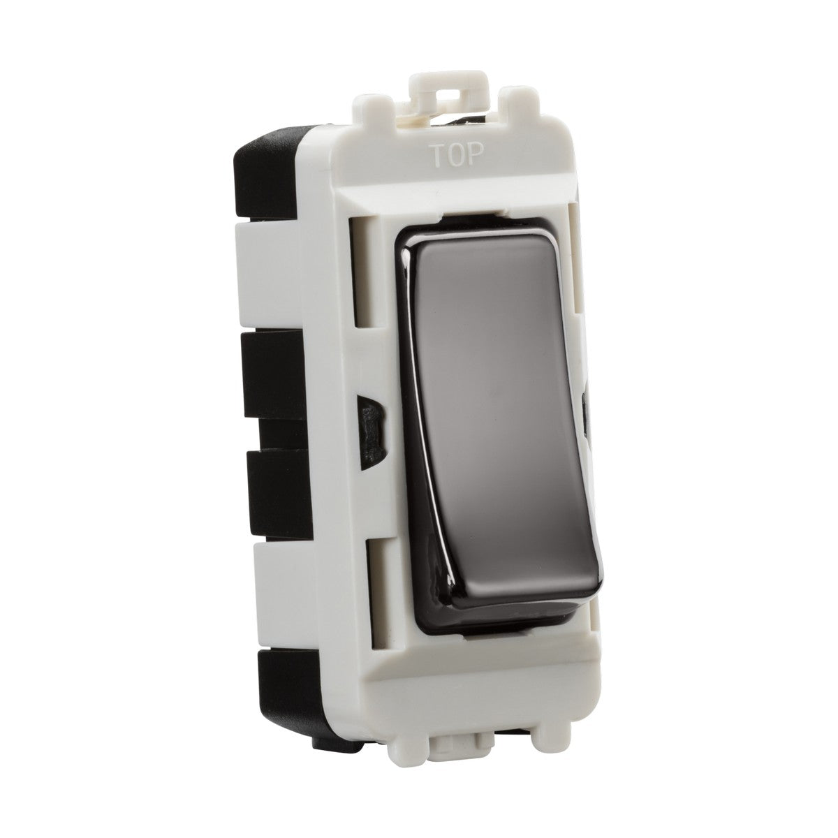 The 20AX DP Grid Module - Black Nickel is a black and white rocker light switch with a sleek, modern design featuring a Black Nickel finish. It is set in a white plastic frame with the word TOP embossed at the top edge and seamlessly compatible with the Knightsbridge Grid system.