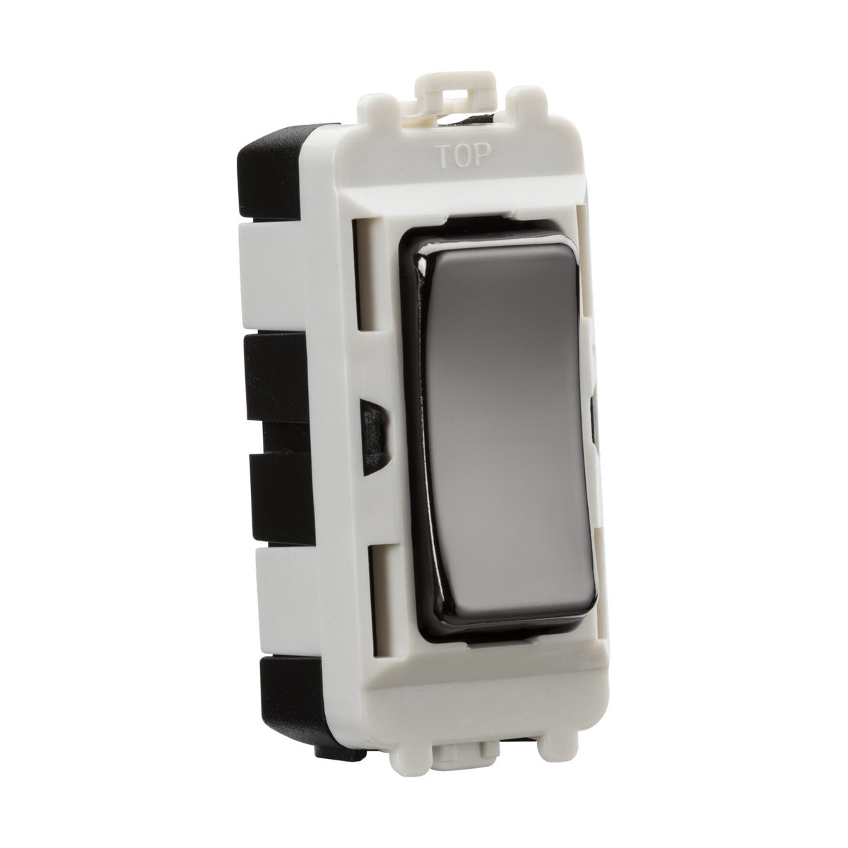 The 20AX 2 Way SP Module (Centre Off) - Black Nickel is depicted as a white and black electrical rocker switch with a rectangular design in the off position, showcasing a Black Nickel Finish. The word TOP is displayed on the casing near the upper edge, indicating its compatibility with the Knightsbridge Grid system.