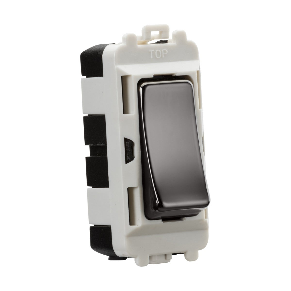 Product Description: The 20AX Intermediate Module in Black Nickel features a rectangular light switch with a sleek, glossy surface mounted upright on a white plastic base, designed for wall installation within the Knightsbridge Grid system. The word "TOP" is visible at the top of the base.