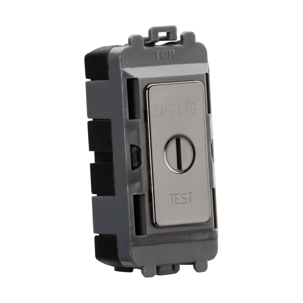 The 20AX 2 Way SP Key Module, labeled with "EMG LTG" and "TEST," is a component of the Knightsbridge Grid System. It features a sleek rectangular black nickel design and includes a clear 'TOP' marking for easy installation.