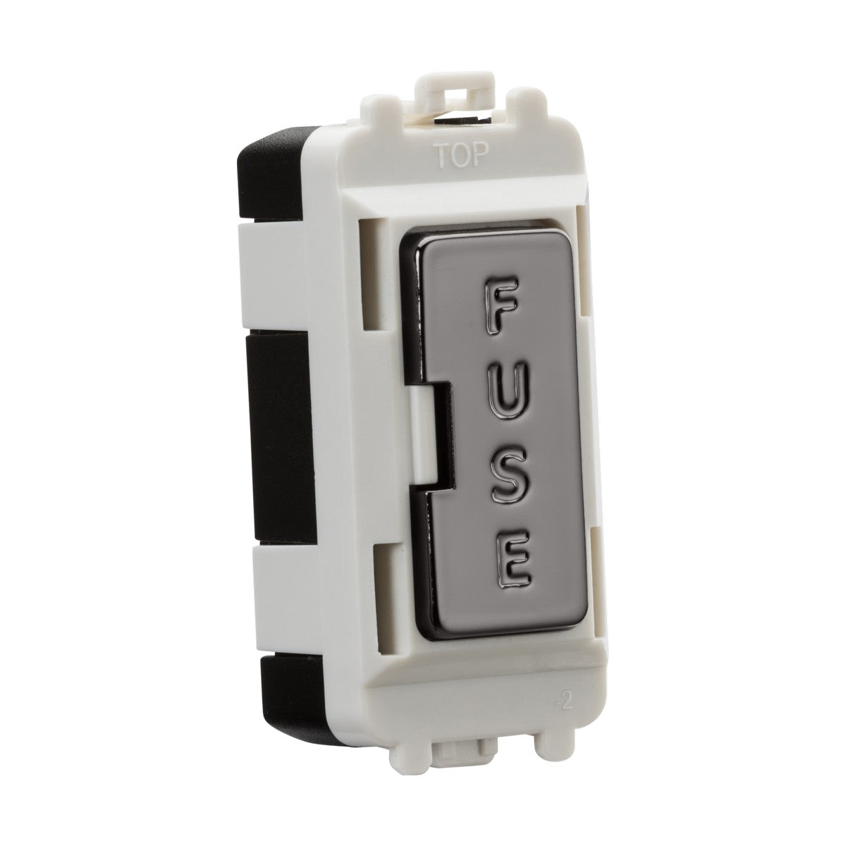 A close-up of an electrical switch featuring a black nickel button labeled FUSE, part of the Knightsbridge Grid system. Set in a white plastic casing, it includes a label showing proper orientation for appliance protection circuits. The background is plain white.