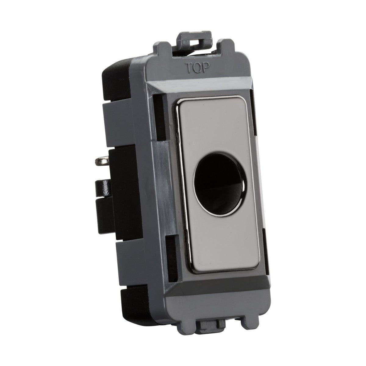 A flexible black nickel outlet module designed for electrical installations, compatible with the Knightsbridge Grid system. It features a rectangular shape and is labeled TOP at the upper edge. Ideal for setups requiring appliance protection circuits.