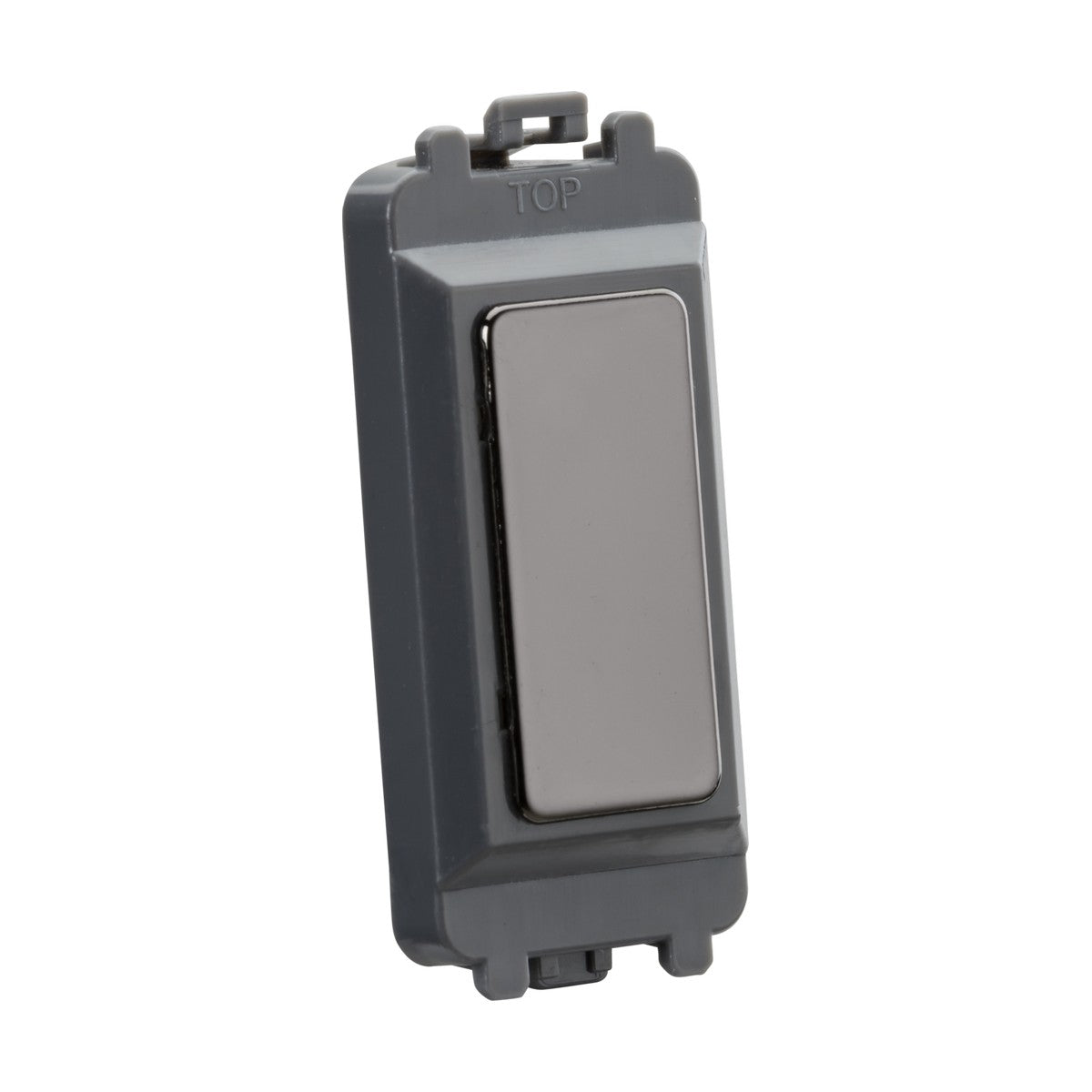 A light switch component with a black nickel finish, crafted for the Knightsbridge Grid system, is designed vertically with "TOP" marked at the top. It has a rectangular button and fits seamlessly into any standard wall switch plate, providing an appearance similar to a grey and silver design.