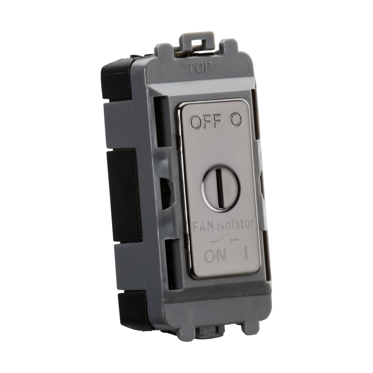The 10A Fan Isolator Key Switch Module from the Knightsbridge Grid system features a silver faceplate with an ON/OFF toggle and is mounted on a base in black and grey, with "TOP" embossed on the frame.