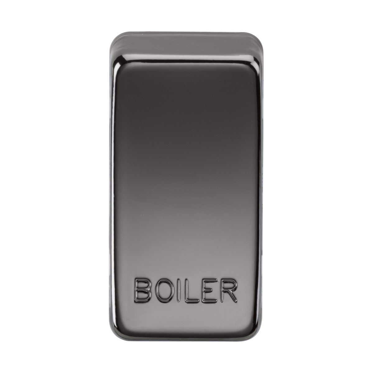 The switch features a rectangular design in black nickel with a smooth surface and "BOILER" engraved at the bottom, offering interchangeable rocker covers for versatile functionality.