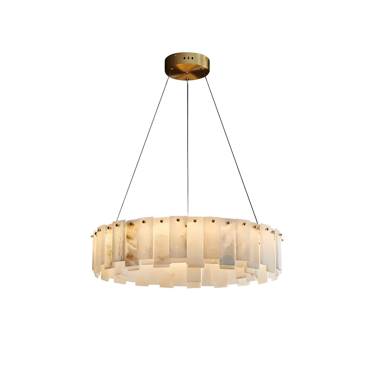 The Valeris 10 Light Layard Panel Alabaster Chandelier in Soft White & Brass features vertical rectangular alabaster panels, suspended by three cables from a brass mount, creating a refined layered look.