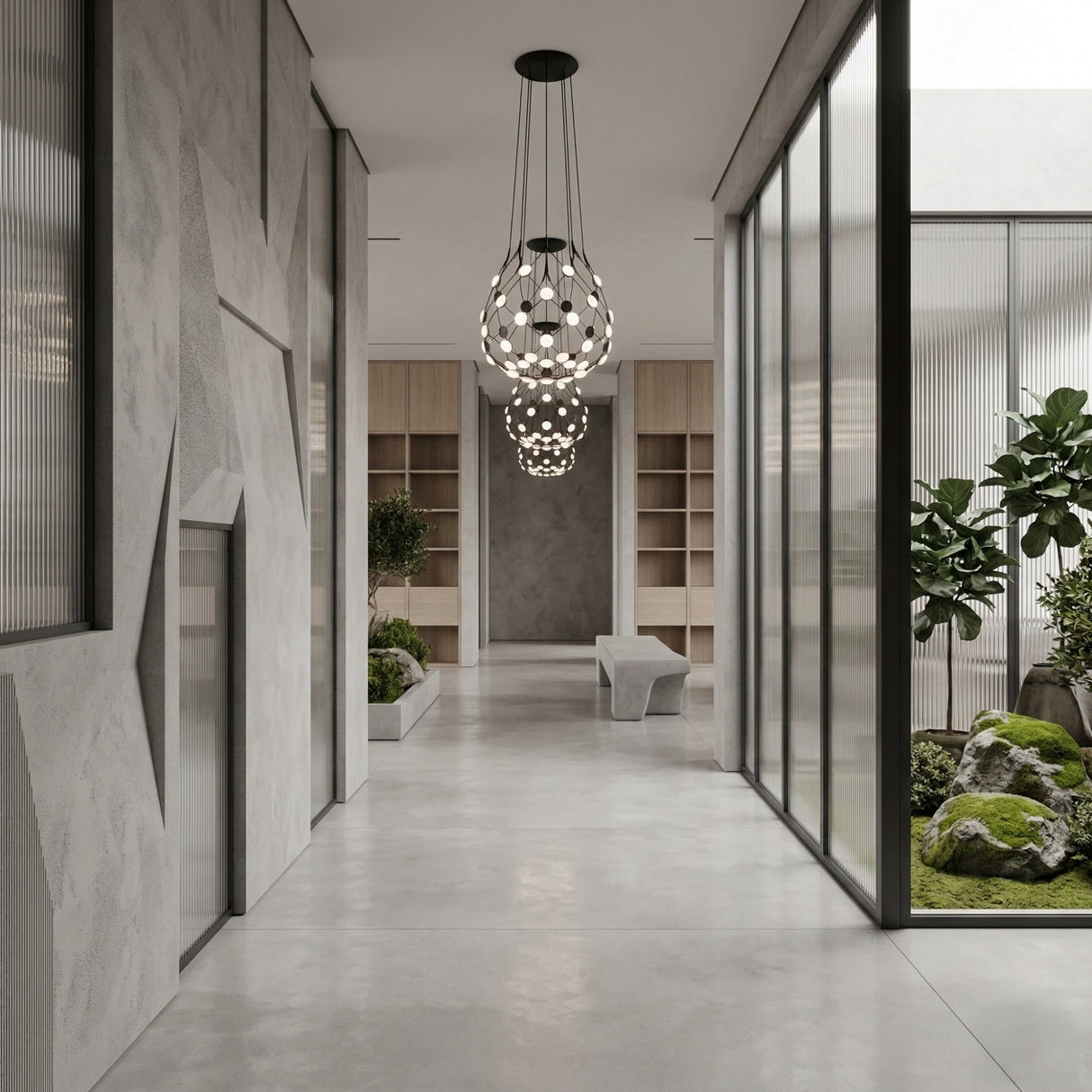 A modern hallway with gray concrete floors, geometric walls, and glass accents features the Mesh LED Small Suspension Light - Black. Pendant lighting, indoor plants, and abundant natural light complete the minimalist, inviting space.