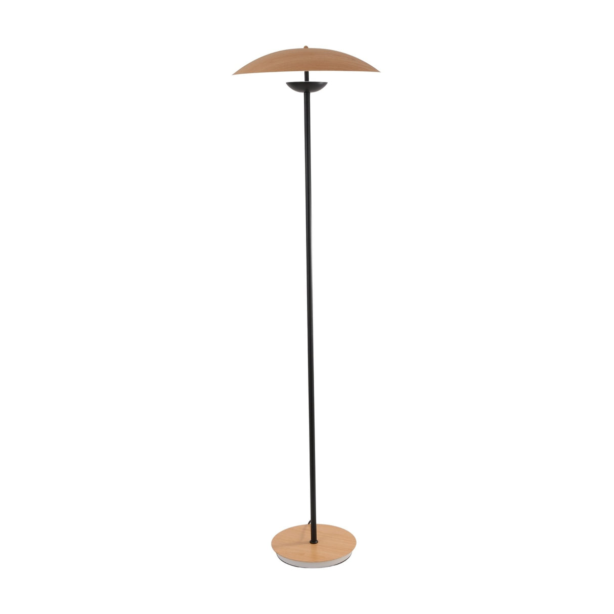 The Ex-Display Ginger LED Floor Lamp - Black & Oak features a slim black stand, round oak wood base, and matching shallow dome-shaped wooden shade—ideal for anyone seeking a stylish black and oak floor lamp design.