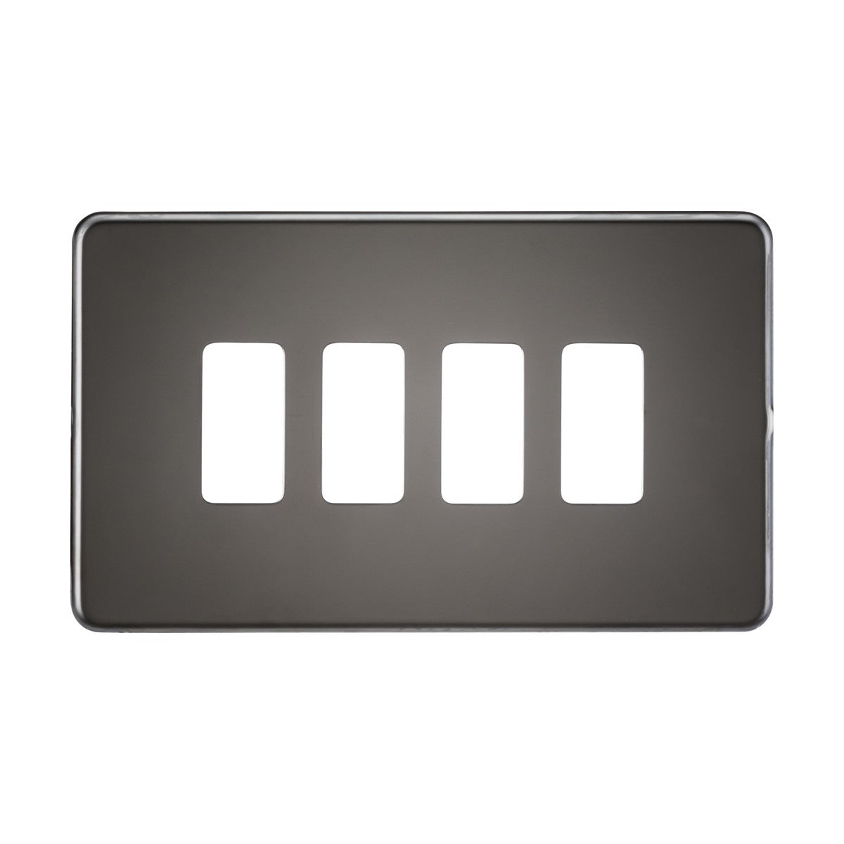 The Screwless 4 Gang Grid Faceplate - Black Nickel is a rectangular metal cover featuring four vertical openings. It is crafted from premium-grade steel and boasts a shiny, polished surface with an elegant black nickel finish.