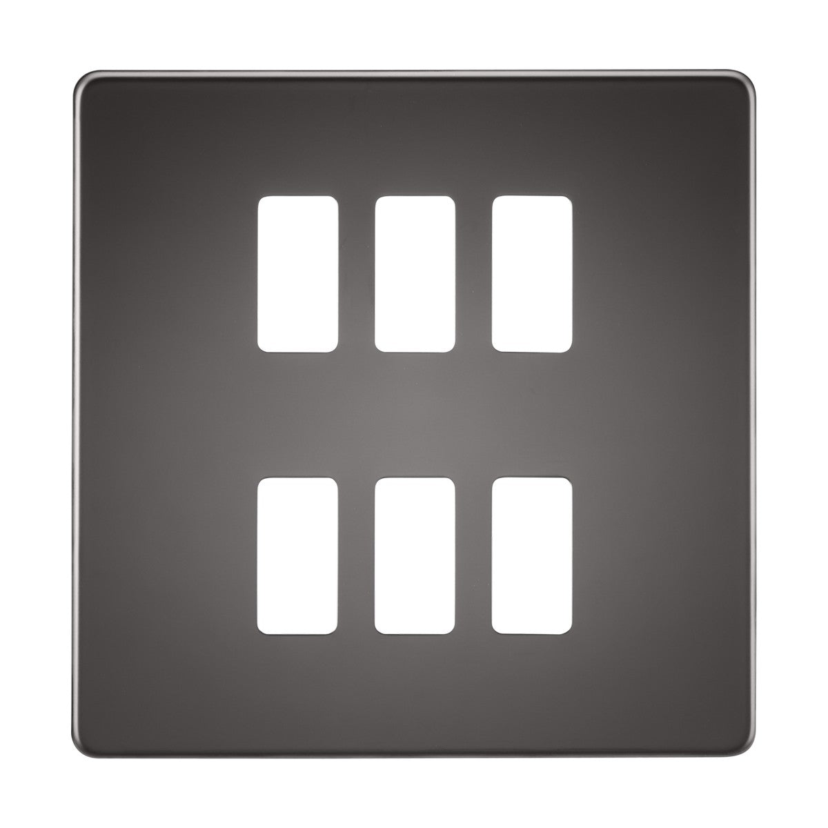The Screwless 6 Gang Grid Faceplate - Black Nickel features a layout of six rectangular slots organized in two columns. This dark square panel, made from high-quality steel, showcases rounded corners and a straightforward, contemporary design with an elegant black nickel finish.