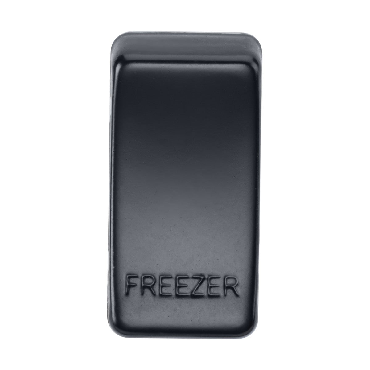A stylish, rectangular switch cover made of matte black metal, featuring rounded corners and the word "FREEZER" embossed at the bottom, providing a sophisticated alternative to replaceable rocker covers.