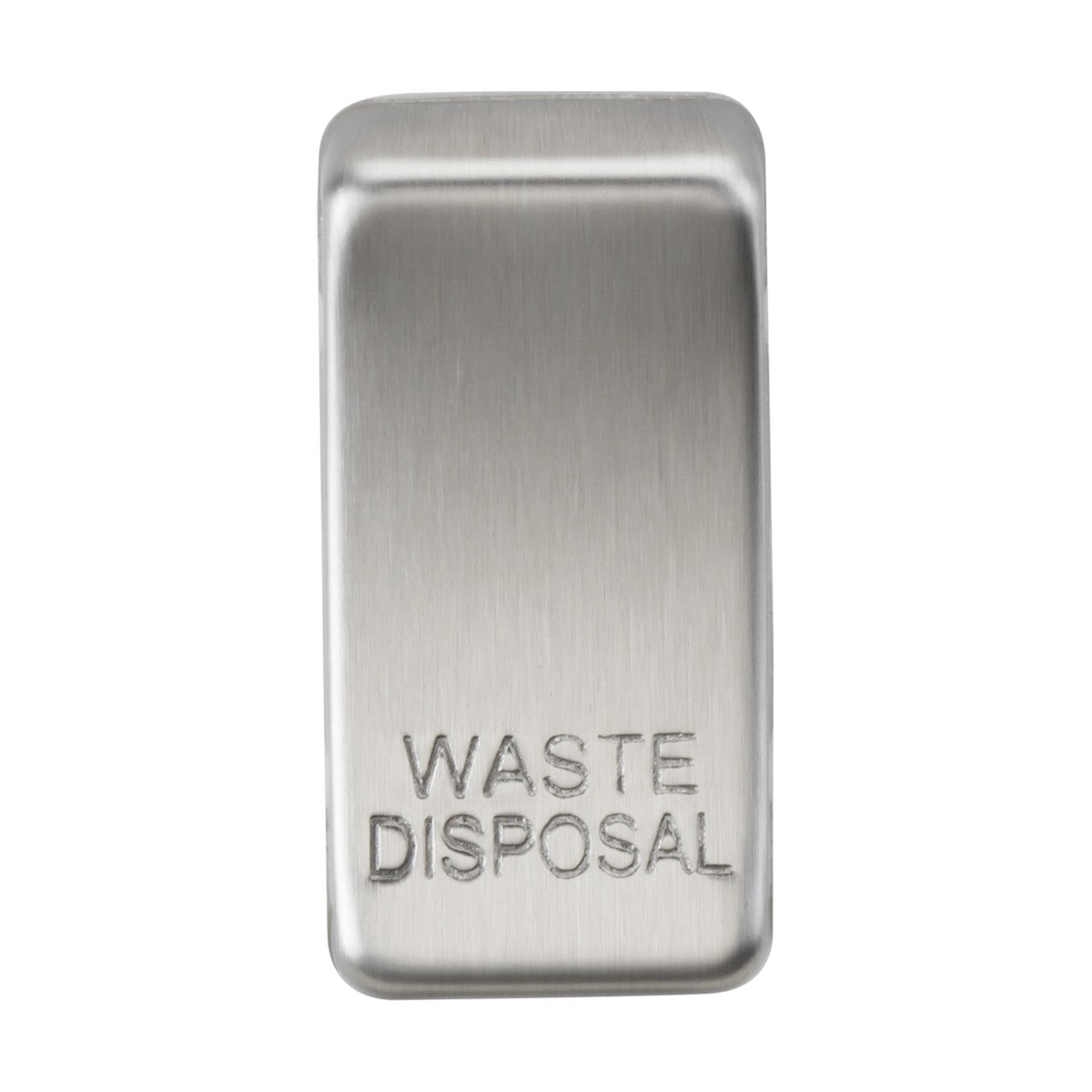 A rectangular switch cover with a brushed chrome finish, labeled "WASTE DISPOSAL" in embossed letters. The sleek, modern design indicates that it is part of a larger appliance or device with interchangeable rocker covers for added versatility.