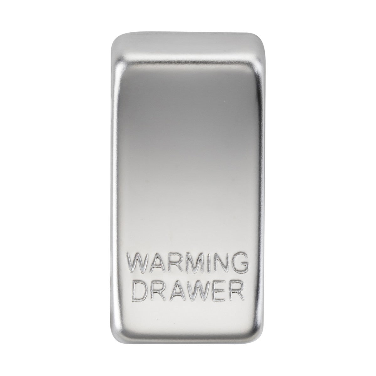A polished chrome switch cover, engraved with "WARMING DRAWER," features a sleek, shiny finish against a plain white background.
