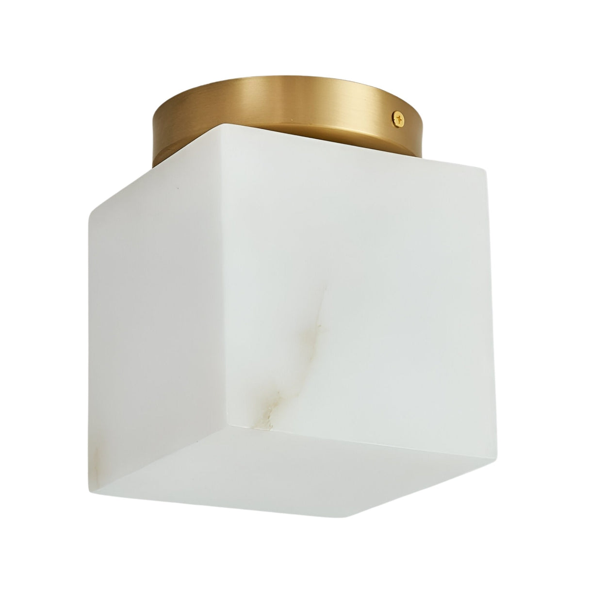 The Bravora 1 Light Cube Alabaster Semi-Flush Ceiling Light pairs a brushed brass base with a soft white cube-shaped alabaster shade, bringing sleek, contemporary style to any space.
