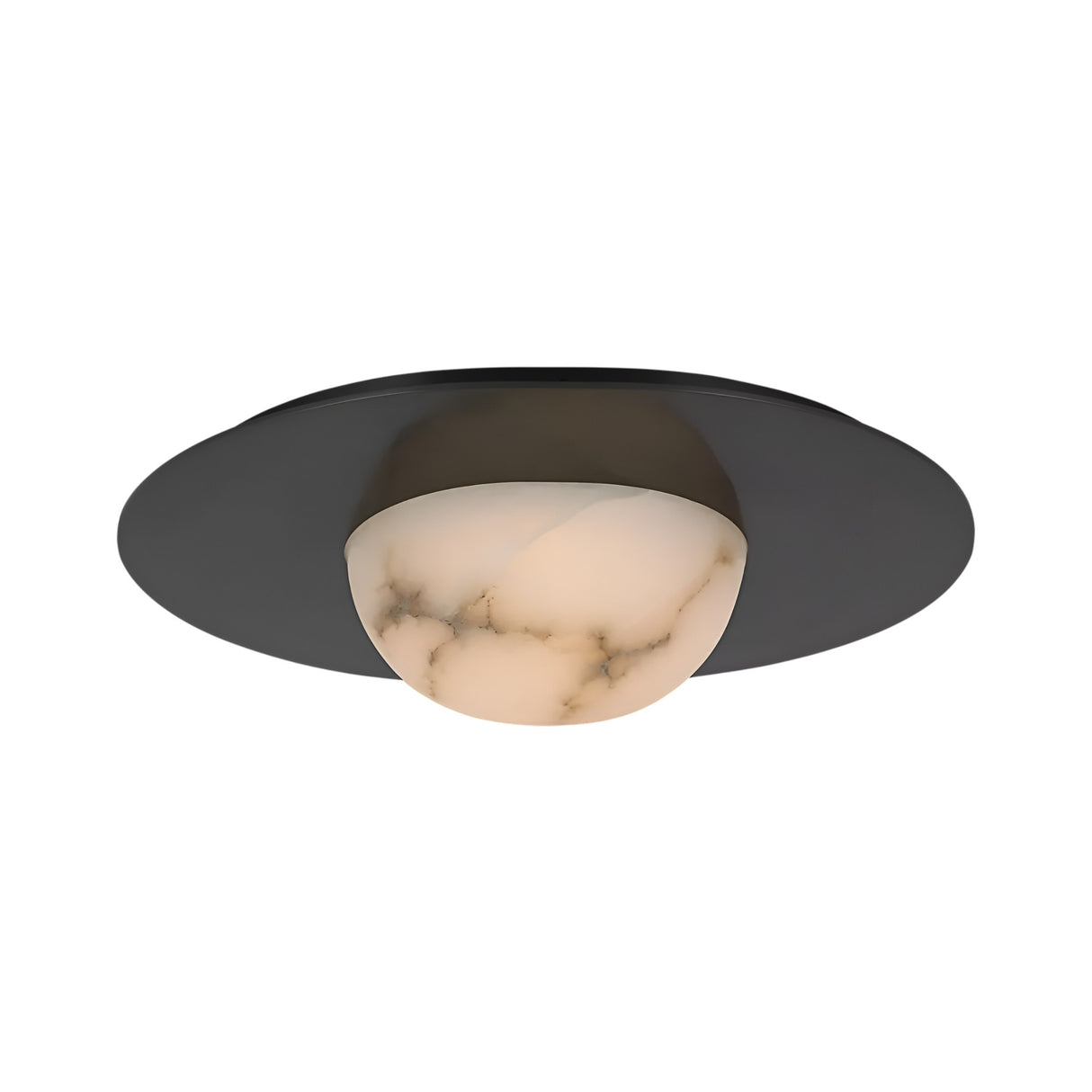 The Arvello 1 Light Wide Dome Alabaster Semi-Flush Ceiling Light features a matte black base and a central alabaster dome shade in soft white with subtle marbled patterns.