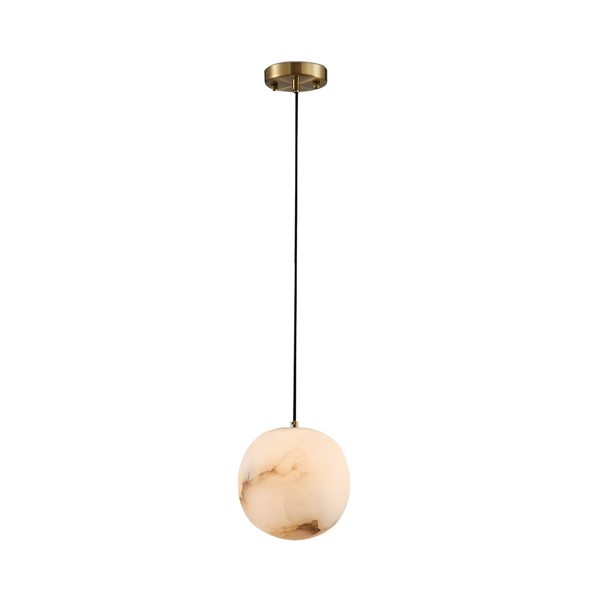 The Novara 1 Light Globe Alabaster Single Pendant Light in Soft White features a round alabaster shade, a slim black cord, and a compact brass ceiling mount for a sleek, modern look.