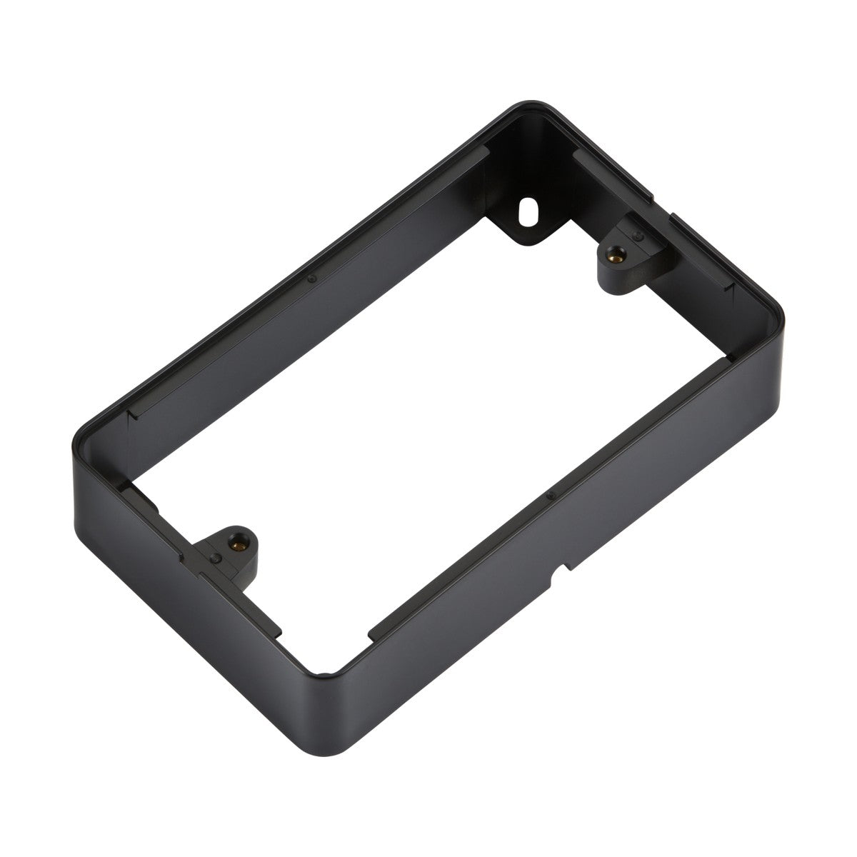 The 2 Gang Surface Box - Black is a rectangular plastic frame with a sleek polycarbonate finish and rounded corners. It features two mounting holes at the top and bottom, making it ideal for housing or supporting other components. Its design complements Knightsbridge Ranges' screwless and flat plate styles.