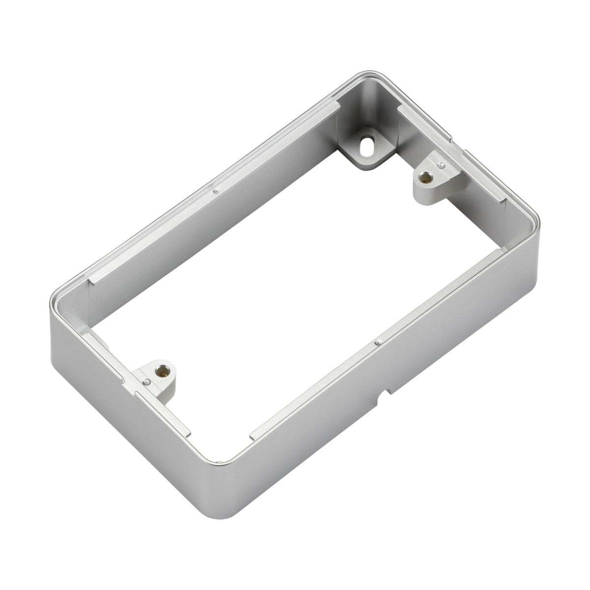 The 2 Gang Surface Box - Grey is a rectangular bracket with rounded corners, ideal for framing or mounting. It features four screw holes in each corner and has a shallow depth. Its sleek grey design complements the modern polycarbonate finish of the Knightsbridge Ranges.