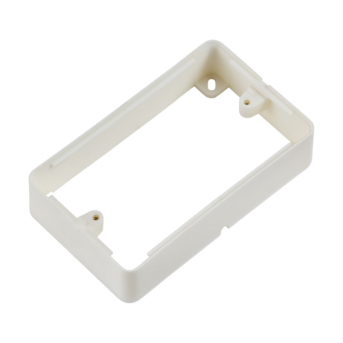 The 2 Gang Surface Box - White is a rectangular wall box frame made of plastic with four mounting holes, specifically designed for housing electrical components. Its open design features smooth surfaces and slightly rounded edges, capturing the sleek aesthetic seen in Knightsbridge Ranges' screwless flat plates.